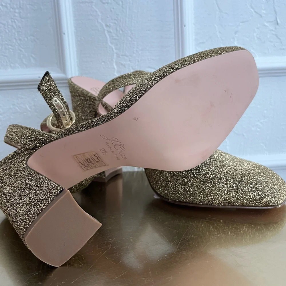 J. Crew Harlow Ankle Strap Gold Glitter Heels NWOB Made in Italy Leather Bottoms - Picture 5 of 8